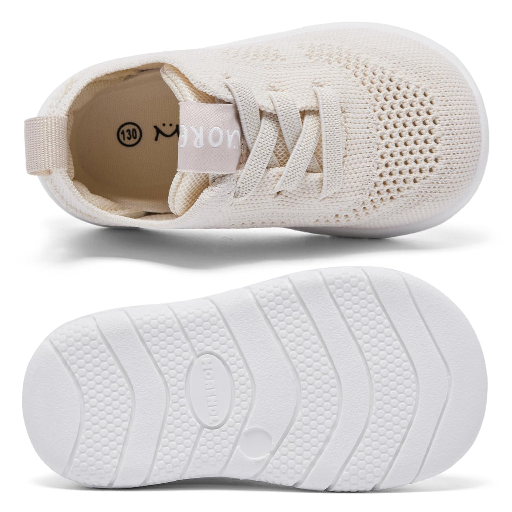 MORENDL Toddler Sneakers Baby Non-Slip Lightweight Breathable Barefoot Shoes Infant Tennis Walking Shoes Khaki Mesh 15-18 Months