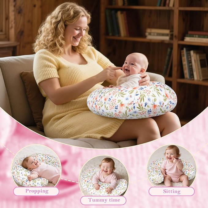 Nursing Pillow - Breastfeeding Pillow with Breathable Filling & Removable Cover, Ergonomic Support for Breastfeeding & Bottle (Green Leaf,0-18 Months)