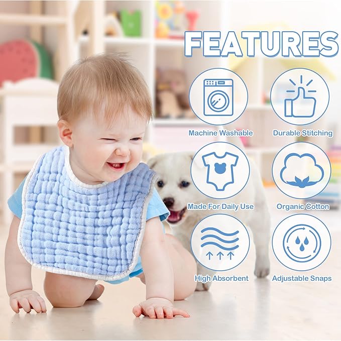 Tatuo 50 Pcs Muslin Baby Bibs Bulk Muslin Cotton Teething for Boy Girls Burp with Snap, Baby Bandana Drool Absorbent Bibs for Newborn Infant Teething and Drooling, 6 Layers