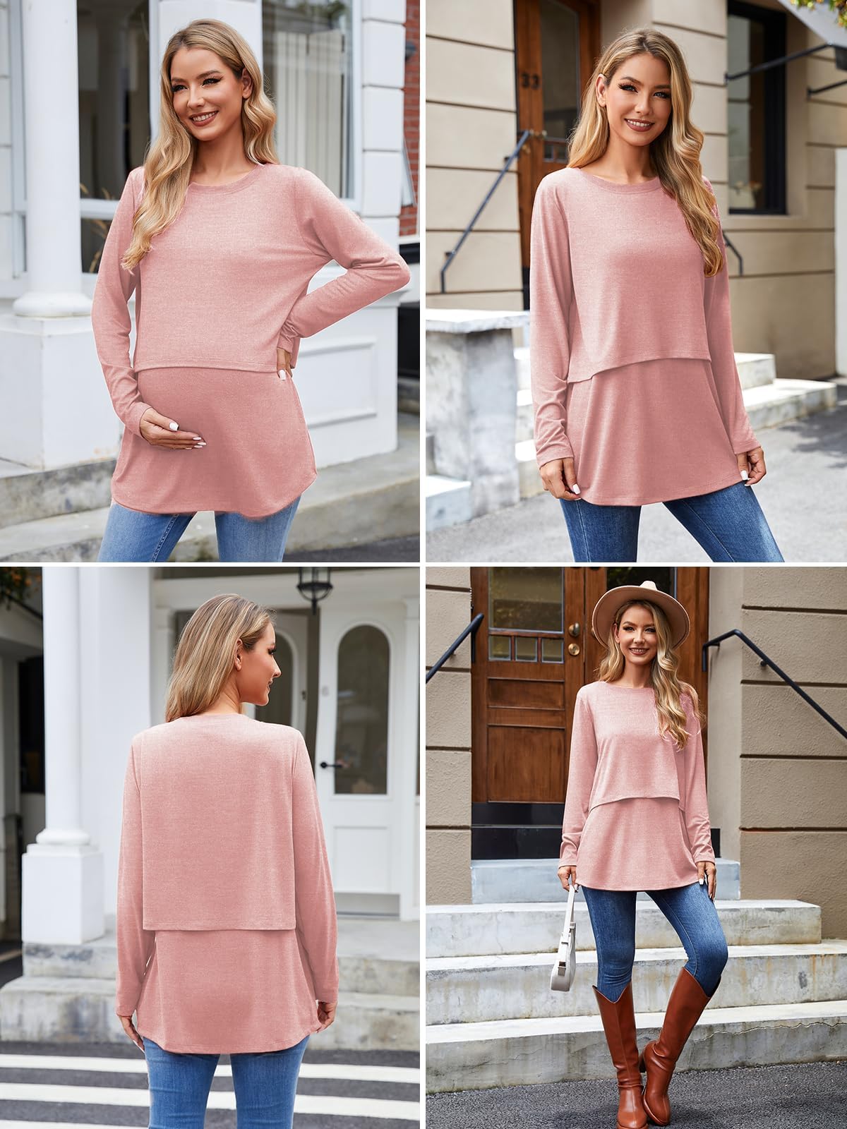Ecavus Women's 3Pack Maternity Nursing Shirts Long Sleeve Double Layer Breastfeeding Shirts Comfy Pregnancy Clothes