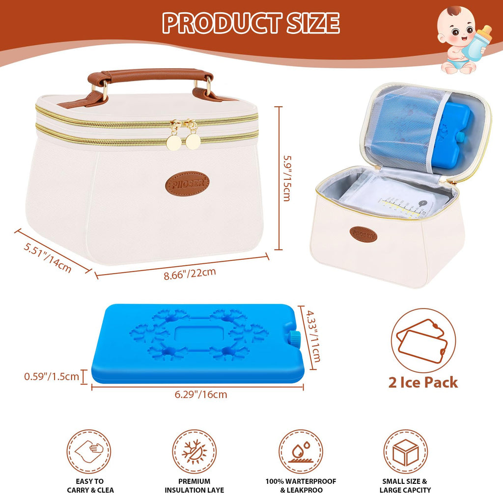PIIOSER Breast Milk Cooler Travel Bag with 2 Ice Pack, Fits 6 Freeze Breastmilk Storage Bags Up to 8Oz, Insulated Small Breastmilk Storage Cooler Bag for Breastfeeding Moms Daycare, Black(Cream-XS)
