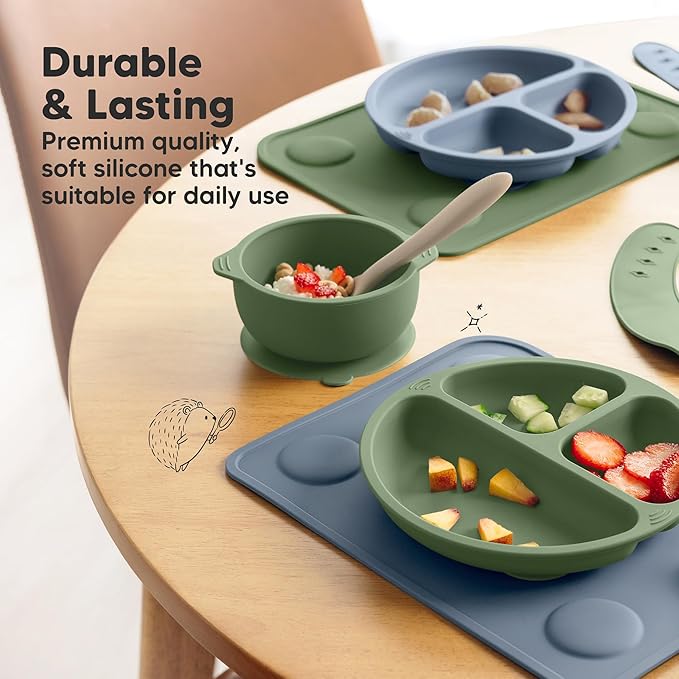 KeaBabies 2-Pack Silicone Placemats for Toddlers - 12x9 Non Slip Suction Baby Silicone Placemat for Kids Eating, Easy to Clean, Busy Travel Baby Mat for Dining Table, Food Grade/BPA-Free (Mellow)