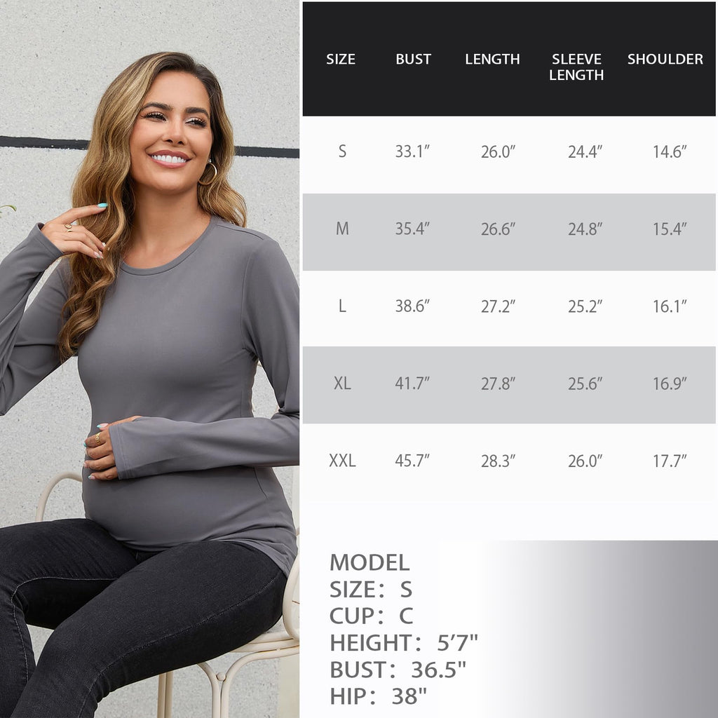 GINKANA Maternity Long Sleeve Shirts Yoga Tshirt Soft Stretchy Crewneck Casual Pregnancy Basic Tops with Thumbholes,Dark Gray,L