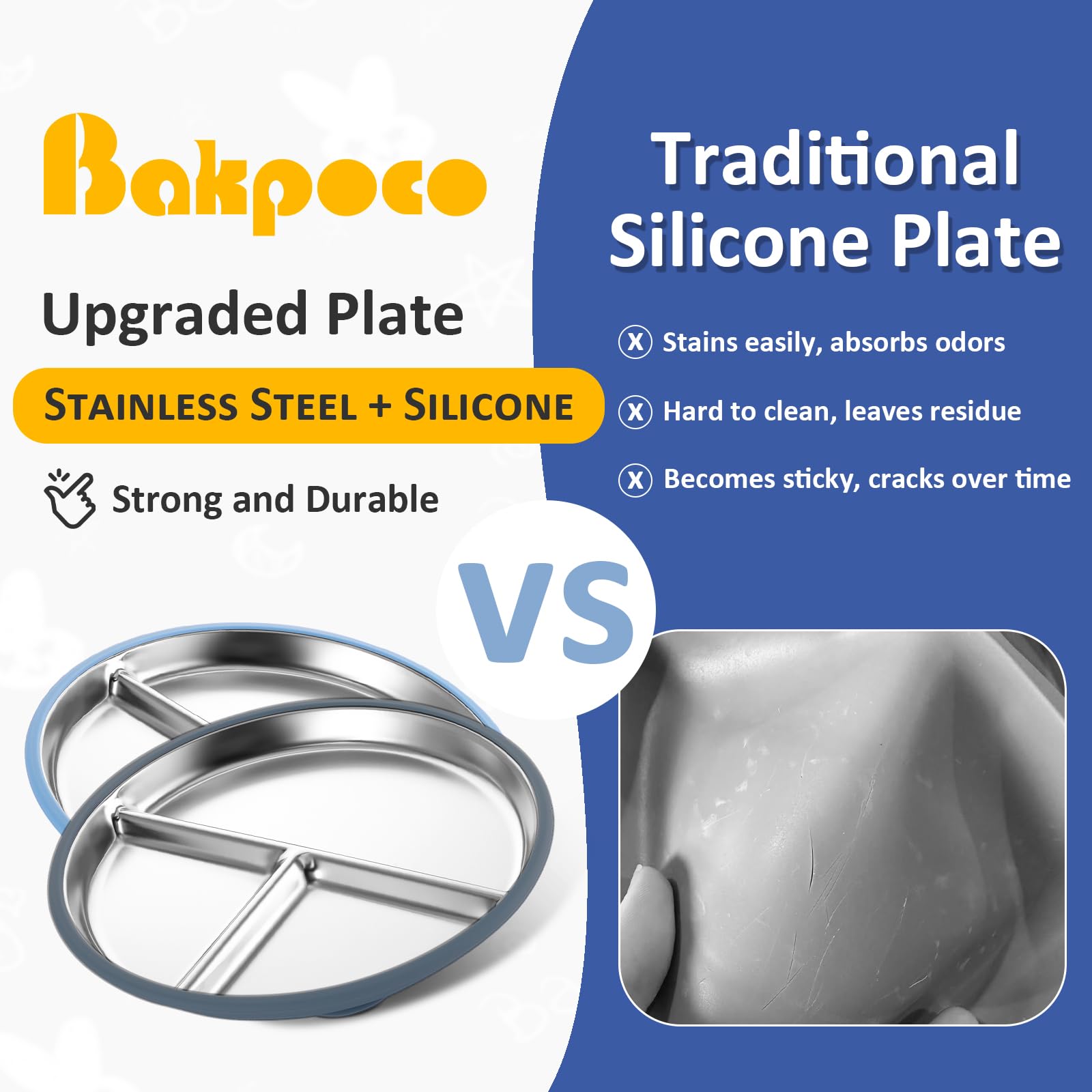 Bakpoco Stainless Steel Suction Plates for Toddlers, 9" Divided Kids Baby Plates with Removable Silicone Suction, Non Toxic Non Slip Portion Control Snack Dishes 4 Packs, Blue Gray Navy Sage