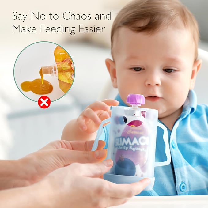 Momcozy Baby Pouch Holder No Squeeze, Baby Food & Juice Box Holder, Mess-Free, Easy Grip for Self-Feeding, BPA-Free & DEHP-Free, Must-Have for Babies, Blue