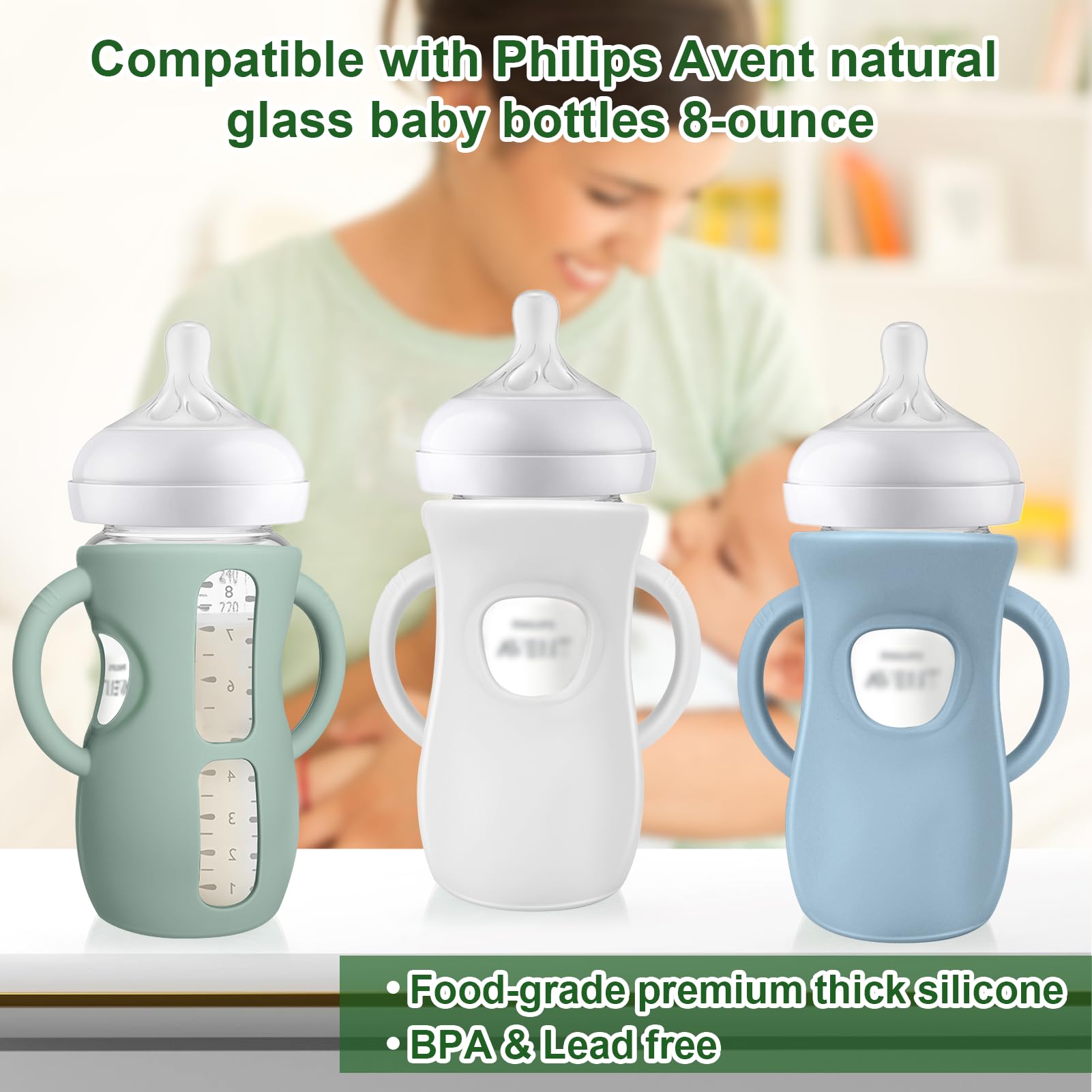 Juome Silicone Sleeves with Handles for Avent Natural Glass Baby Bottle 8oz