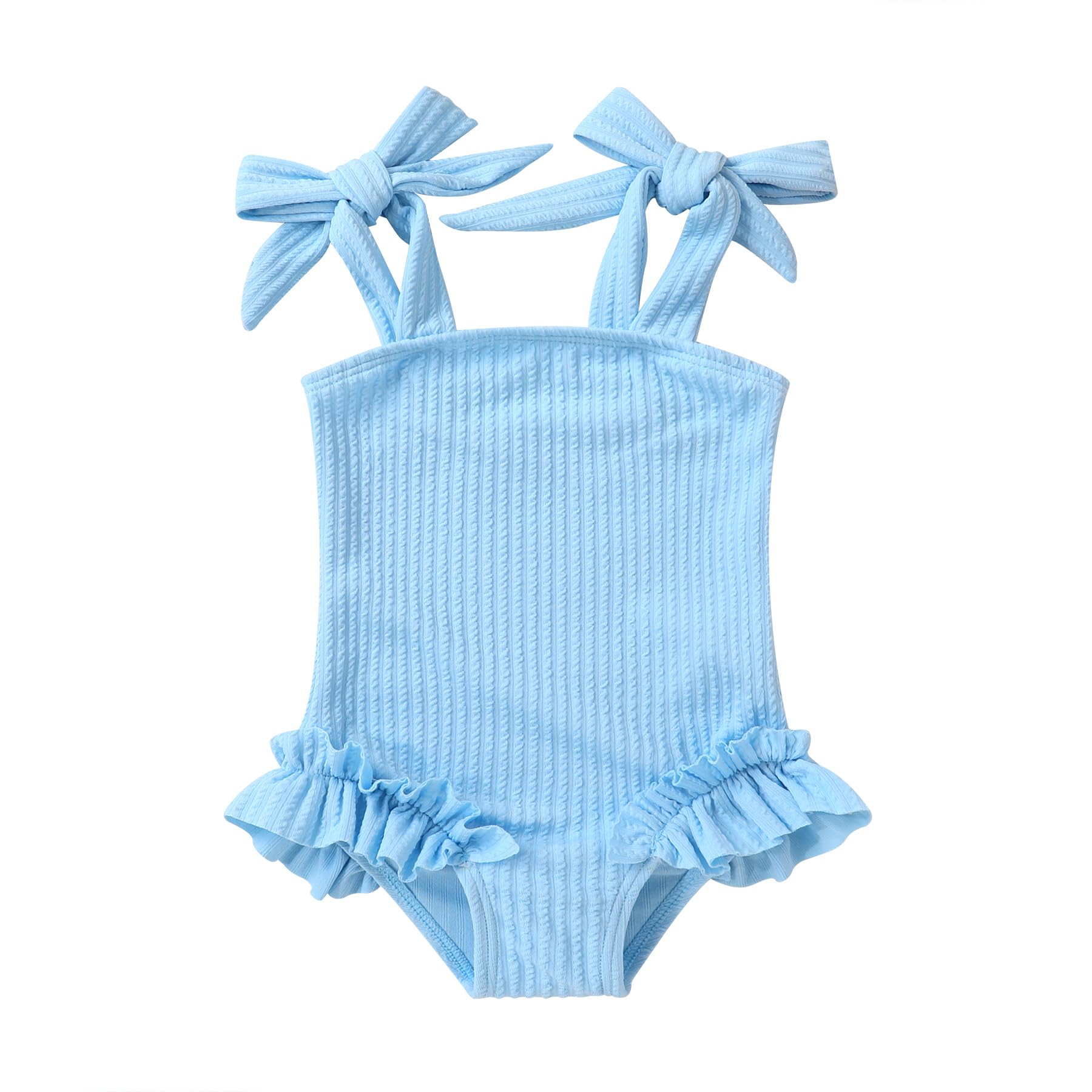 Happy Town Toddler Swimsuit Girl Solid Color Stripe One-Piece Baby Bathing Suits (Light Blue, 6-9 Months)