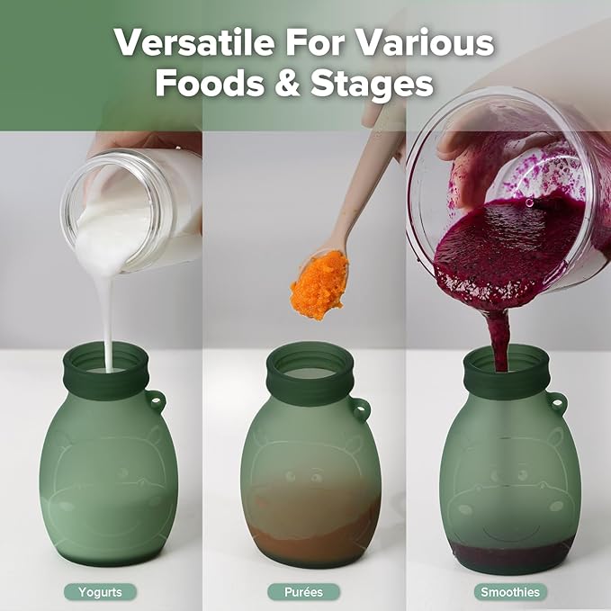 haakaa Silicone Hippo Pouch – Reusable Pouches for Toddlers, Reusable Baby Food Pouches with Wide Neck for Easy Fill & Clean, Perfect for Purees & Smoothies, 9oz, 4 Pack, (Pea Green)