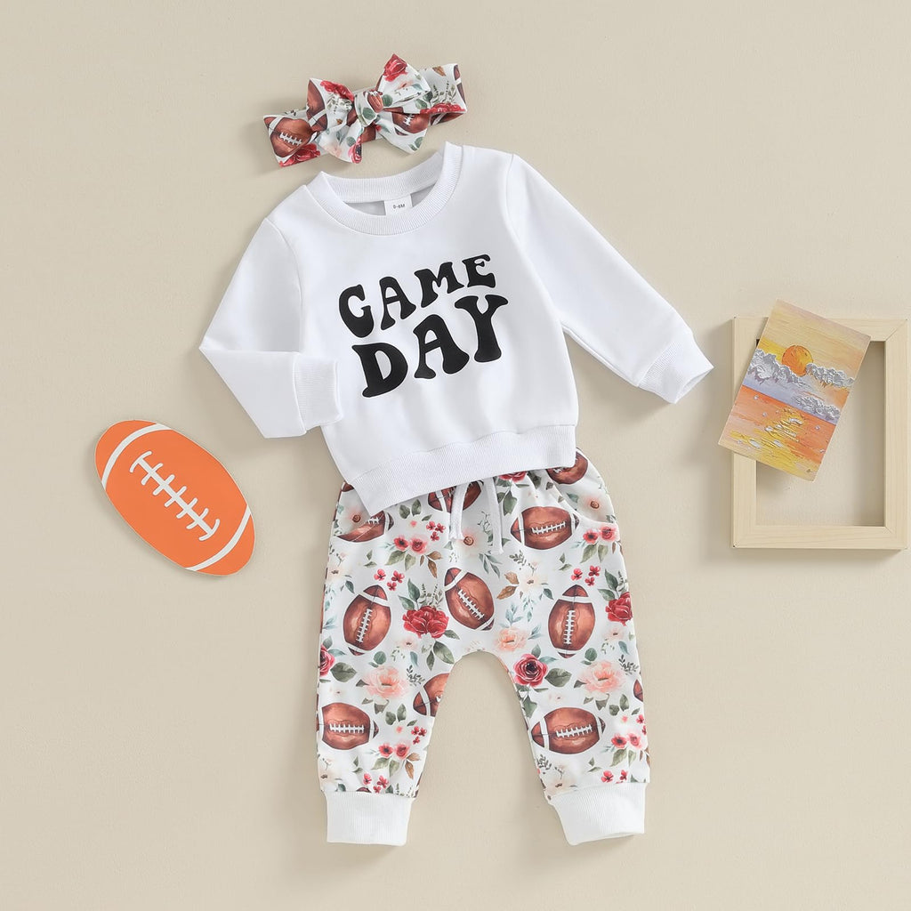 CIYCUIT 3Pcs Baby Girl Football Outfits Letter Print Sweatshirt + Pants + Headband 0 6 12 18 24 Months Clothes 6-12 Months