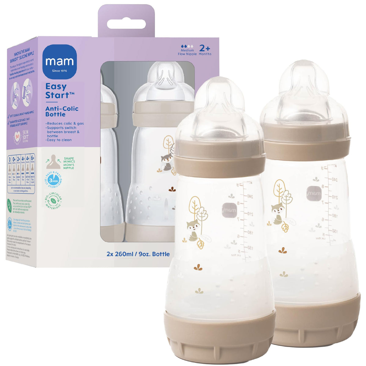 MAM 9oz Easy Start Anti-Colic+ Vented Baby Bottle, 2+ Months, 2 Pack, Boy