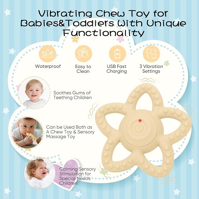 Vibrating Sensory Chew Toy, Teether Teething Toys for Baby 6-18 Months, Sensory Toys for Kids with Autism&Toddler Travel Essential - 3X Vibration Settings, Gifts for Boys Girls