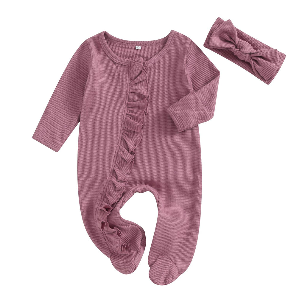 CIYCUIT Baby Girls Clothes Newborn Long Sleeve Zip Up Onesie Romper with Headband Fall Winter Outfits Purple 0-3 Months