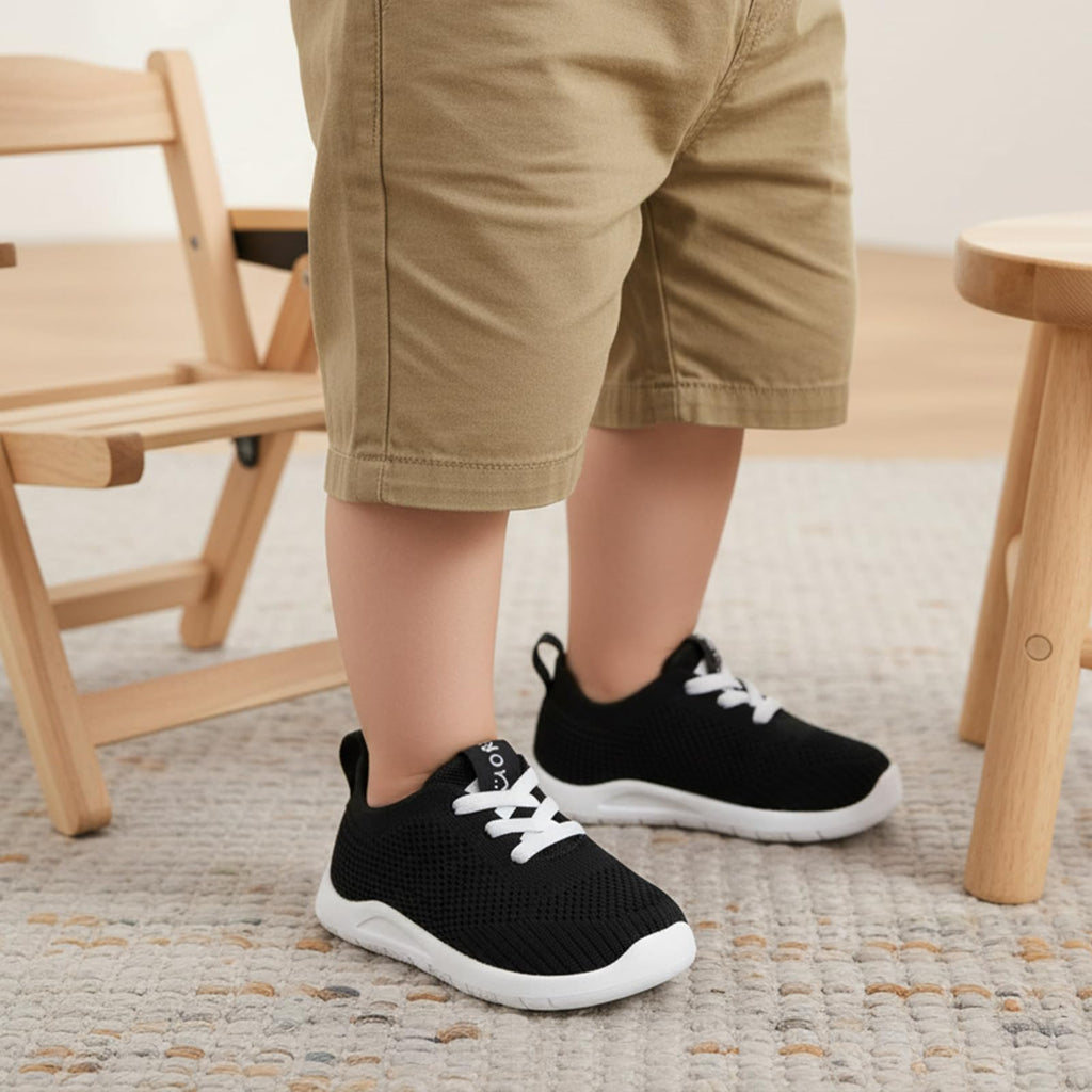 MORENDL Toddler Shoes Baby Walking Sock Shoes Infant Sneakers Boy Girl Barefoot Tennis Shoe Non-Slip Brethable Black 9-12 Months