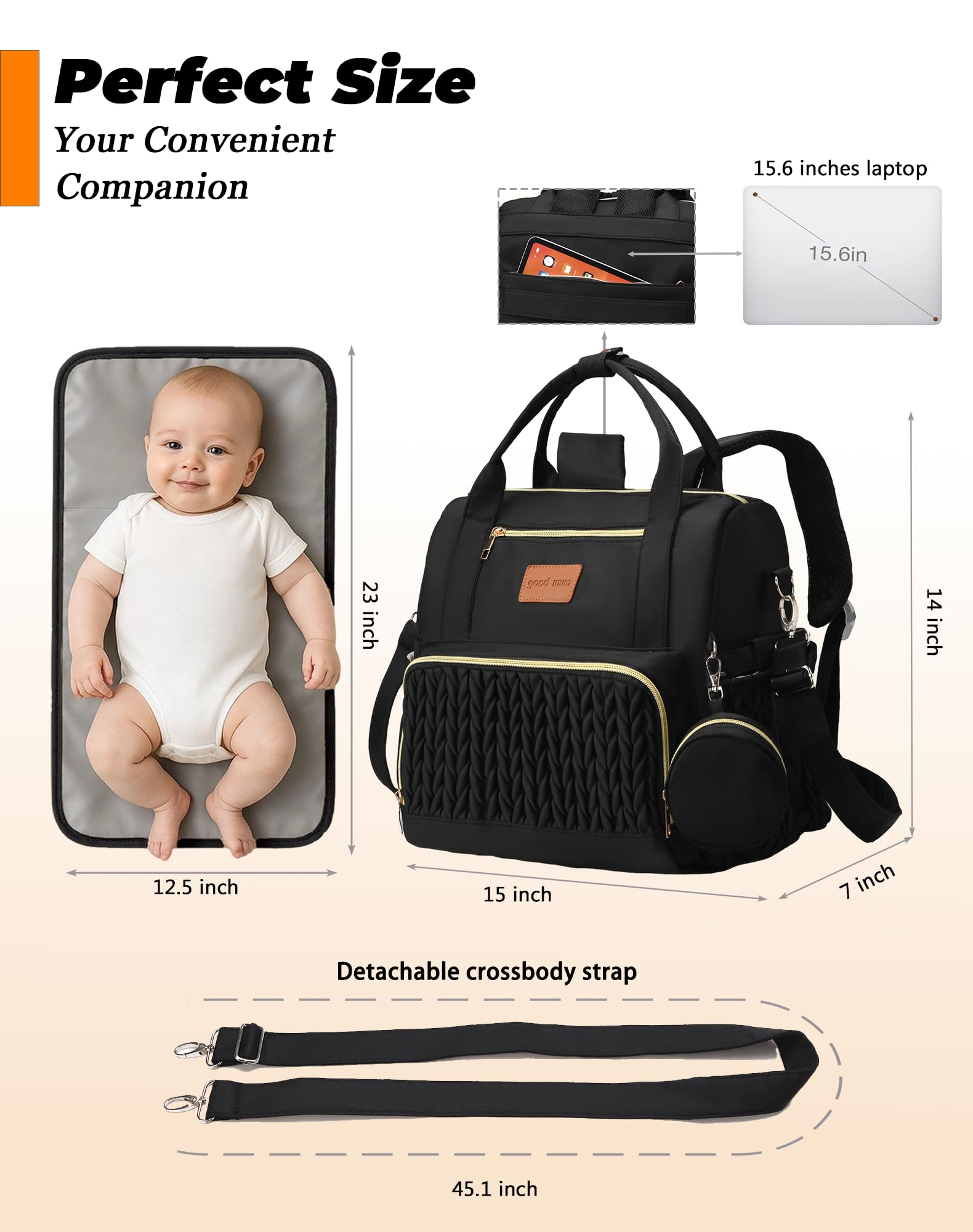 ZCSERTGI Backpack Diaper Bag,Stylish Waterproof Baby Diaper Bags with Changing Pad,Insulated Pockets,Multi-Function Travel Diaper Backpacks,Gift for New Parents,Black