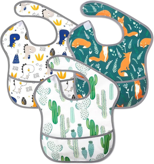 Accmor Baby Bibs for Eating, Waterproof Mess Proof Baby Toddler Bibs, Apron Smock Feeding Bibs for Girls Boys, 3 Pack