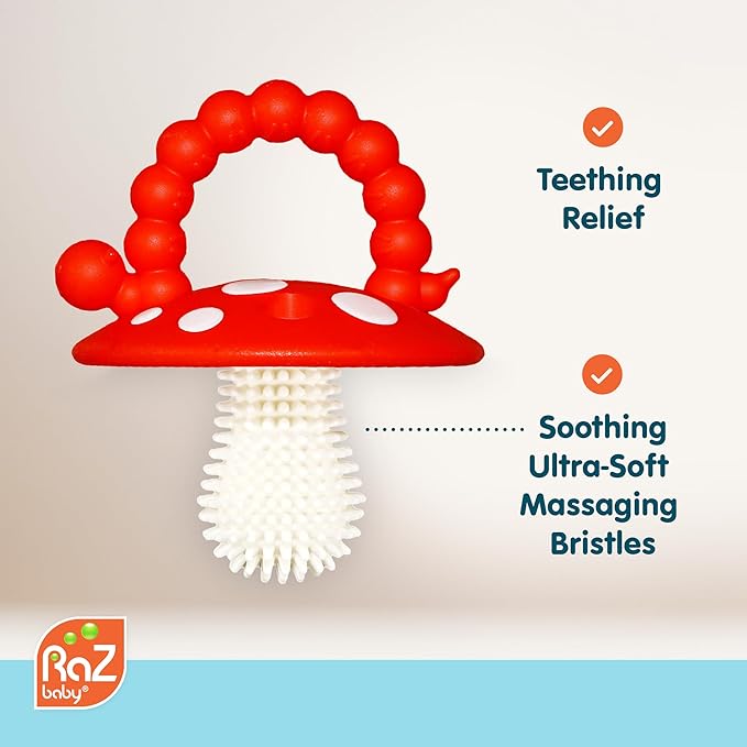 RaZbaby Soft Silicone Infant & Baby 3M+ Teether Toy Massaging Bristles Teething Relief Pacifier - Soothes Sore Gums - Hands-Free & Easy-to-Hold Chompy Teether, BPA Free (RED/Blue)