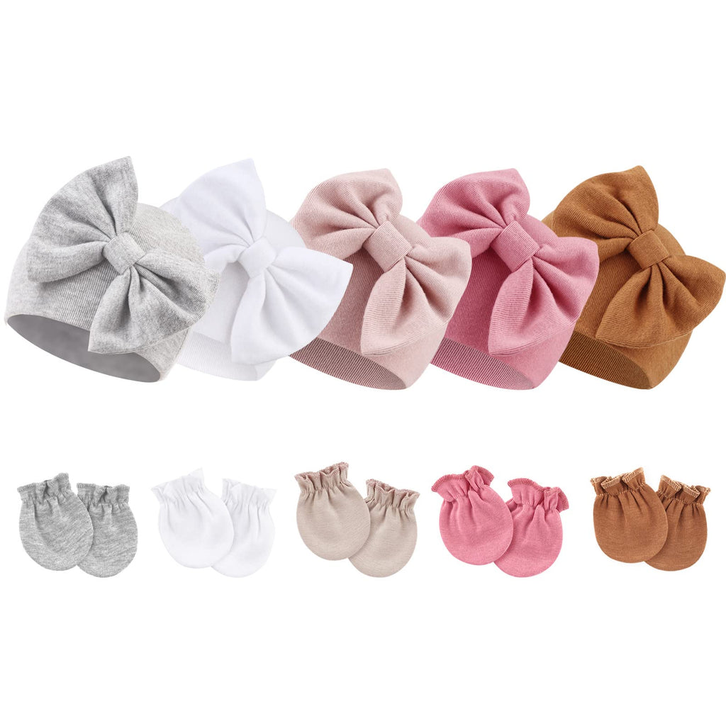 BQUBO Newborn Baby Girls Hats Mittens Set Hospital Hat Beanie Infant Bow Hats Baby Cotton Gloves No Scratch Mittens for 0-6 Months
