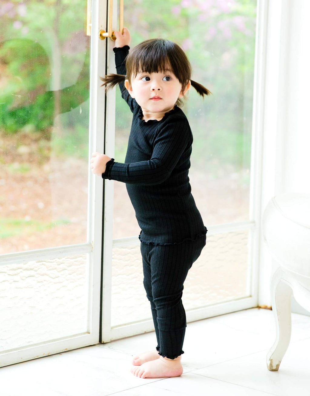 VAENAIT BABY Infant Toddler Kids Girls Long Sleeve Modal Sleepwear Pajamas 2pcs Set Shirring Black 2XL