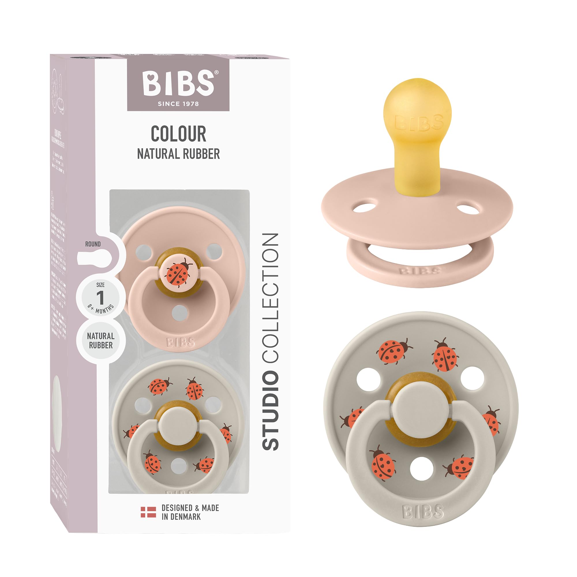 BIBS Colour Pacifier, 0-6 Months, 2-Pack, Round Nipple, Blush/Sand