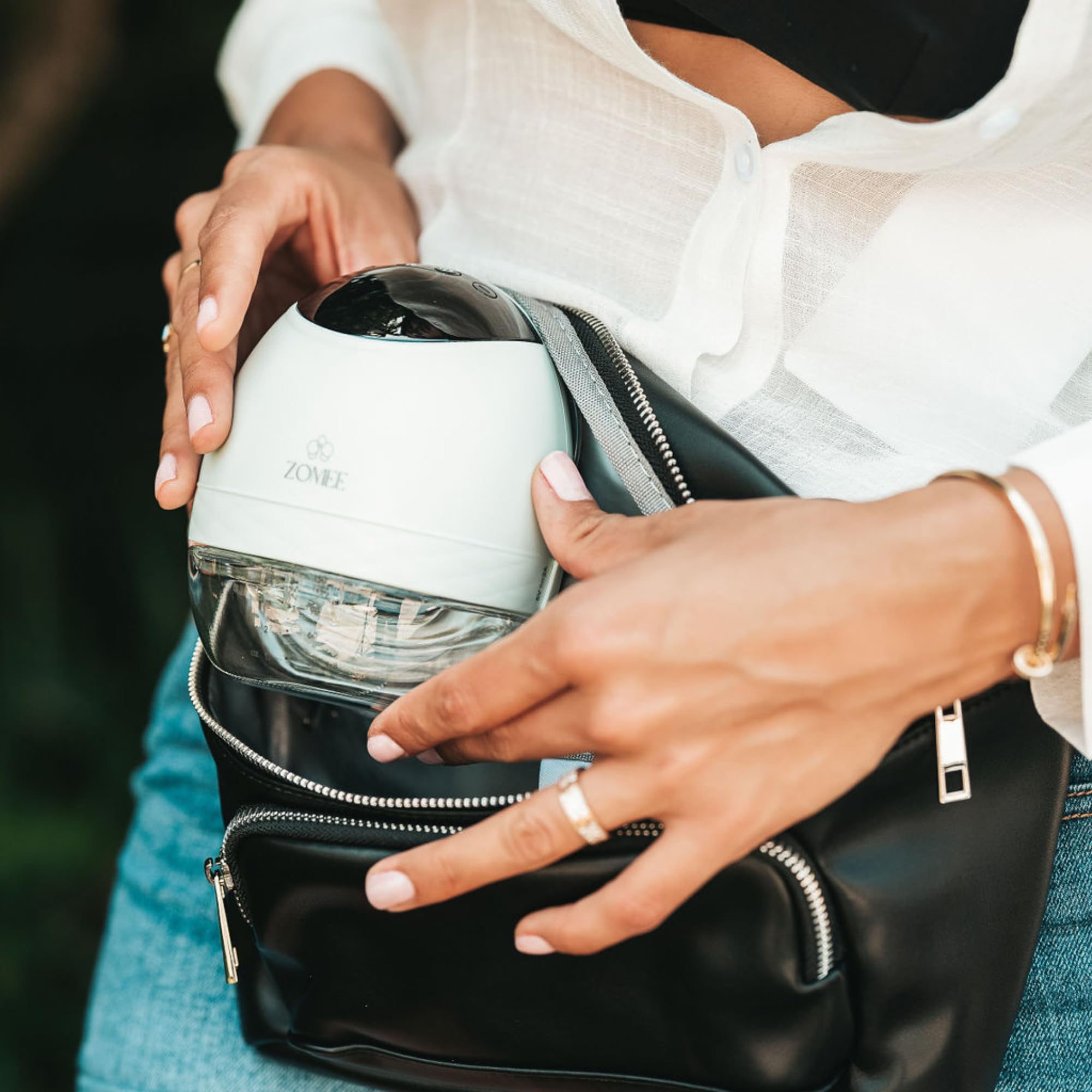 Zomee Fit Wearable Breast Pump, Hands Free, Portable,Discrete Electric Double Breast Pump Holds 5 oz -Wireless 2+ Hours of Battery Leak Proof Anti Backflow - Fanny Pack with Diaper Chaning Pad (Black)