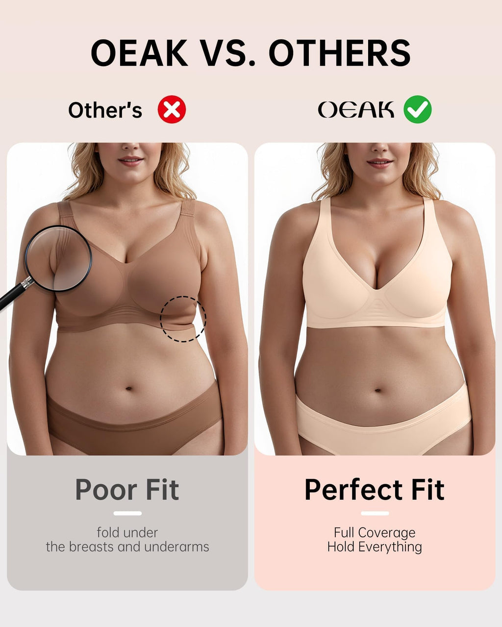 OEAK Womens Deep V Bras Wireless Comfortable Bra Supportive No Underwire Bras Tshirt Push Up Bralettes Plunge Seamless Bra Skin Color 3XL