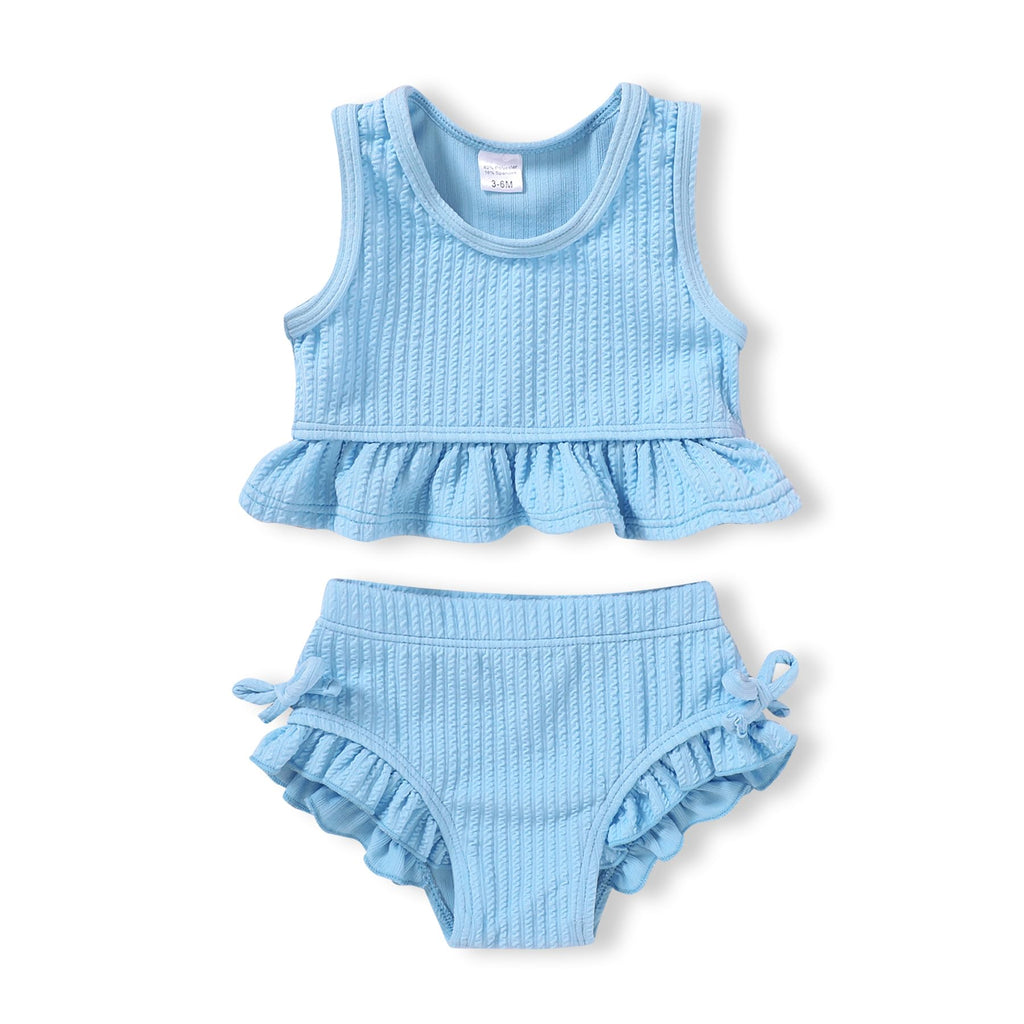 HAPPYMA Baby Swimsuit Toddler Girl Bathing Suit Summer Solid Color Bikini Set Beach Two Piece Swim Wear (Blue, 18-24 Months)