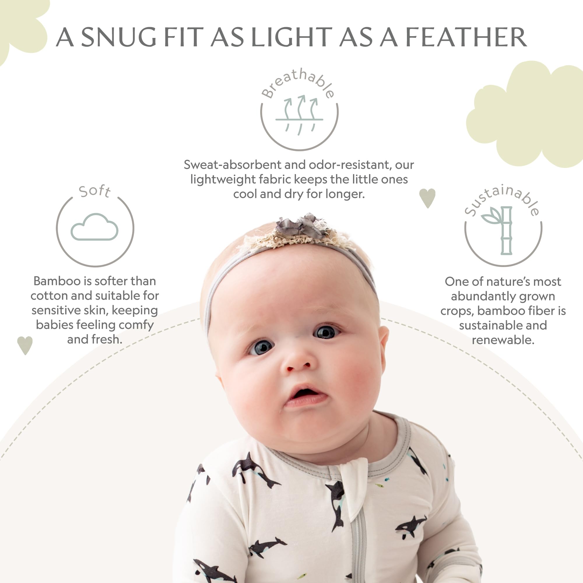 Bamboo Little Soft Baby Footie Pajamas, Baby Clothes, Newborn Sleepers, 95% Viscose and 5% Spandex, Orca, 9-12 Months