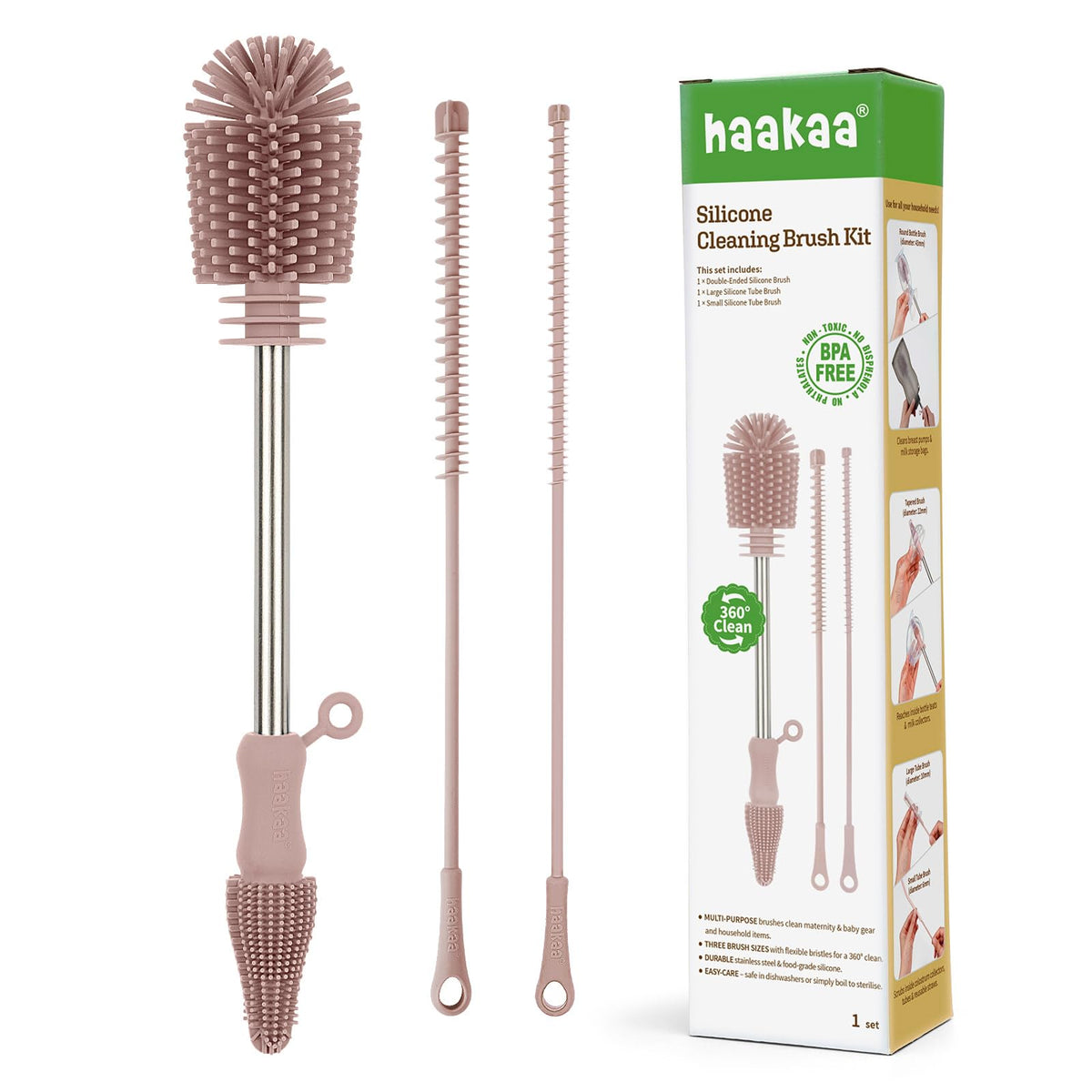 haakaa Silicone Cleaning Brush Kit - SUVA Grey - Bottle Brush for Breast Pumps, Breast Milk Collector, Baby Bottles, Nipples, Breastmilk Storage Bags