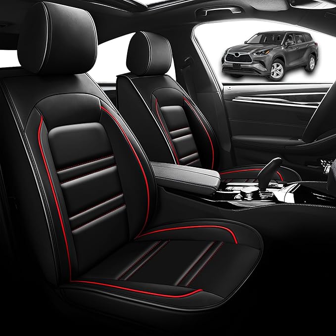 Seat Cover for Toyota Highlander 2001-2025 | Car Seat Covers Front Seats, Waterproof Seat Protectors, Automotive Front Seat Covers (Front Seat, Black&Red Line)