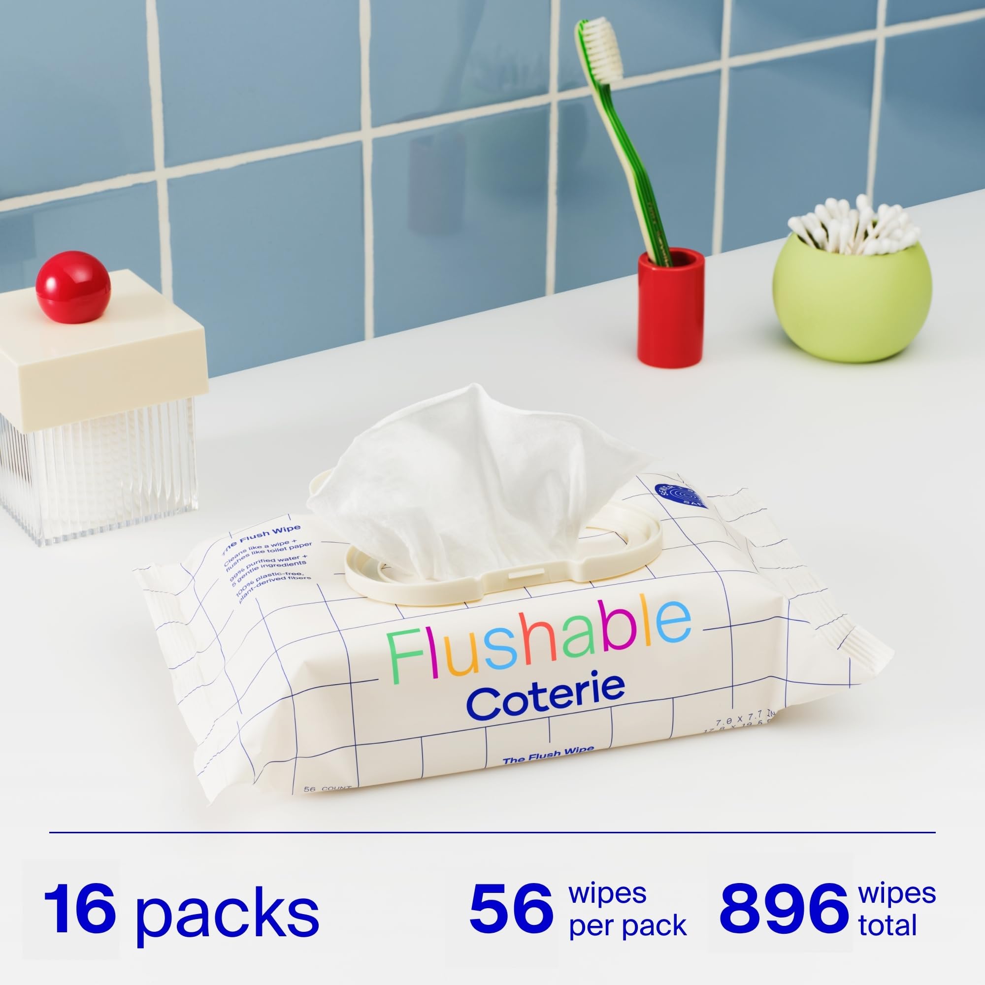 Coterie Flushable Wipes for Sensitive Skin, 16 Packs (896 Count)