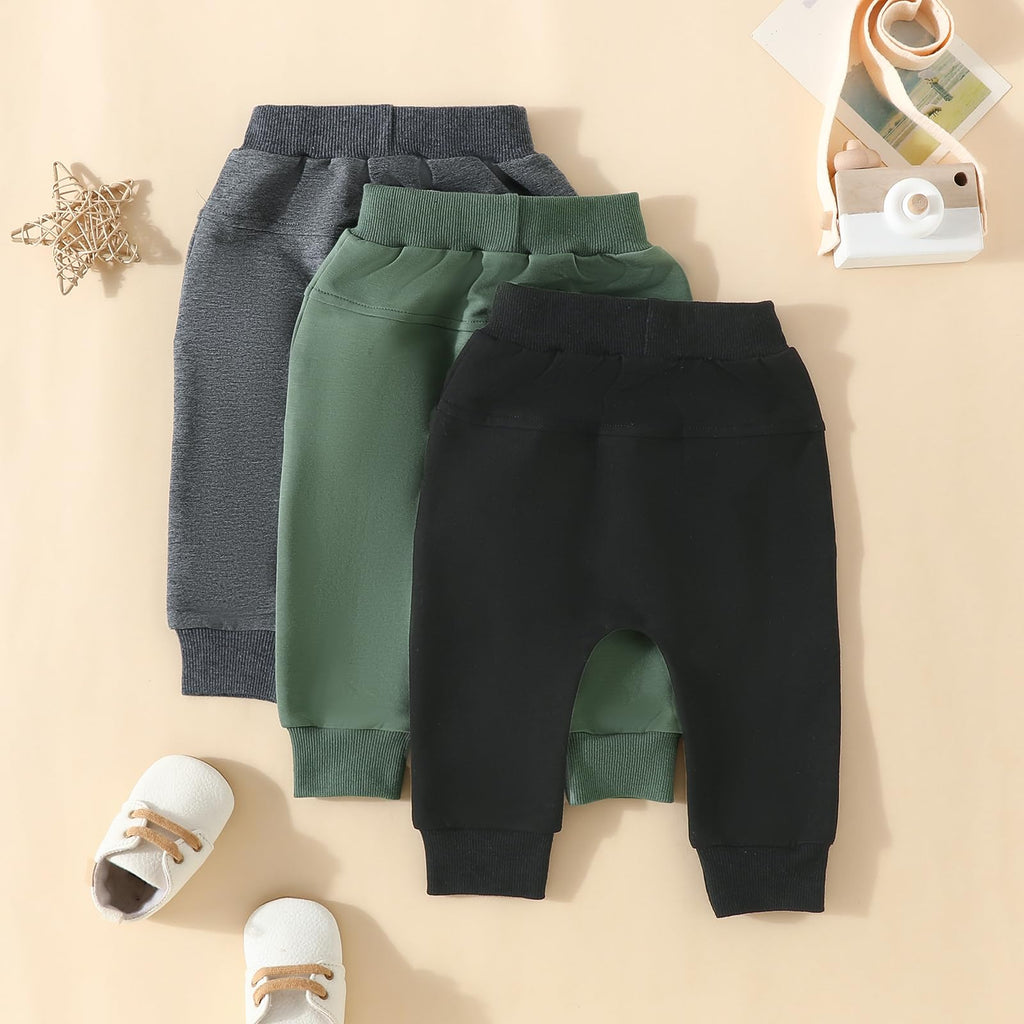 Sejardin Toddler Baby Boy Girl Pants 3 Pack Solid Color Elastic Waist Jogger Sweatpants Newborn Infant Casual Bottoms (Black Green Dark Gray, 18-24 Months)