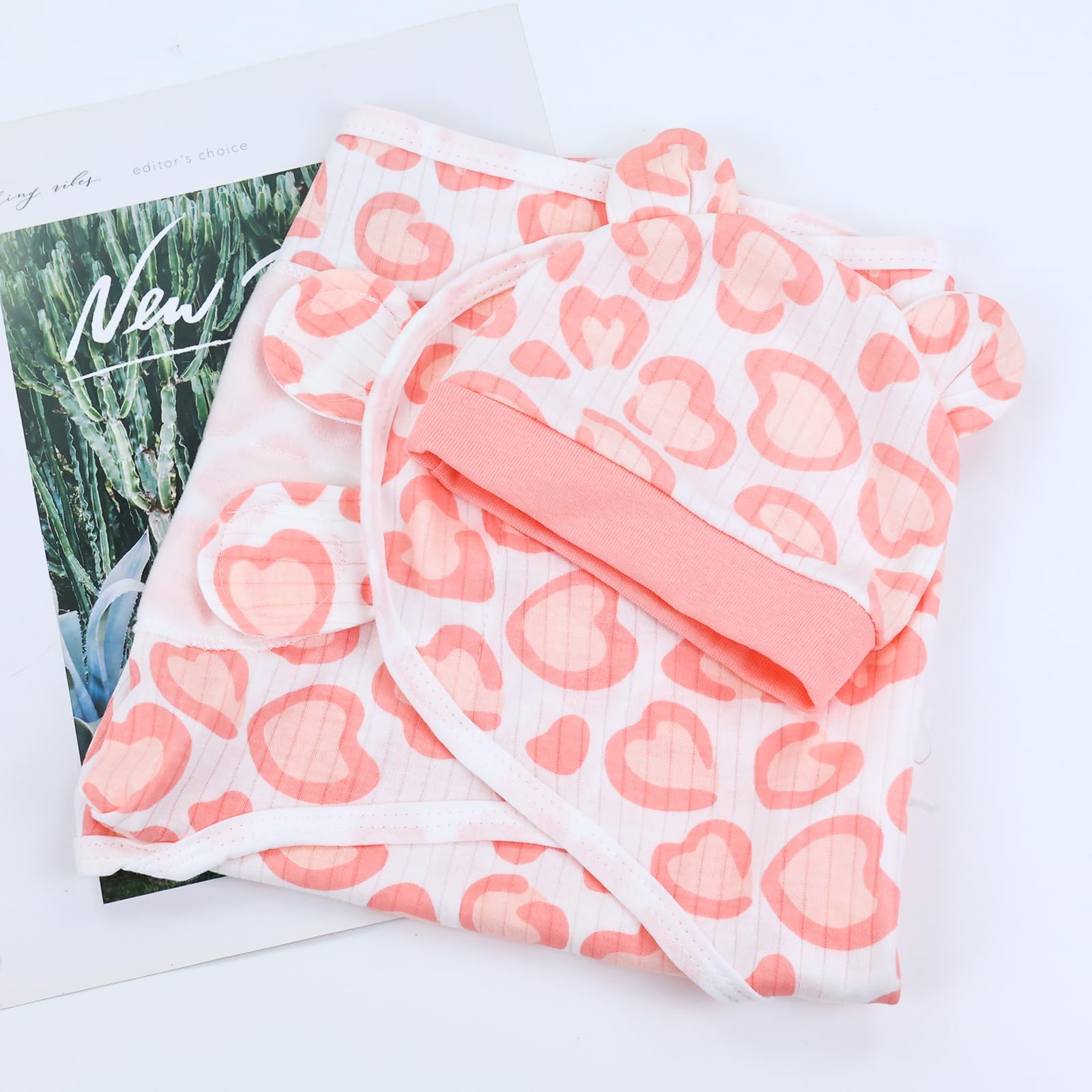 Cinaci 2 Pack Adjustable Soft Cotton Blend Newborn Baby Receiving Swaddle Blankets Sleep Sacks with Nursery Hats Caps Beanies Bonnets for Baby Girls Boys Newborns Infants