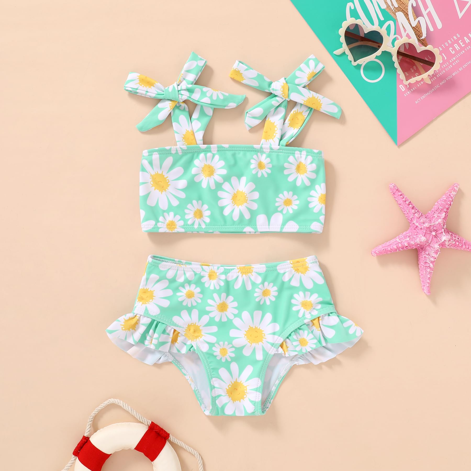 YOUNGER TREE Toddler Girls Two Pieces Swimsuit Color Block Stripe Swimwear Summer Beach Bathing Suit 18M-5T（Green#Daisy 3-4T）