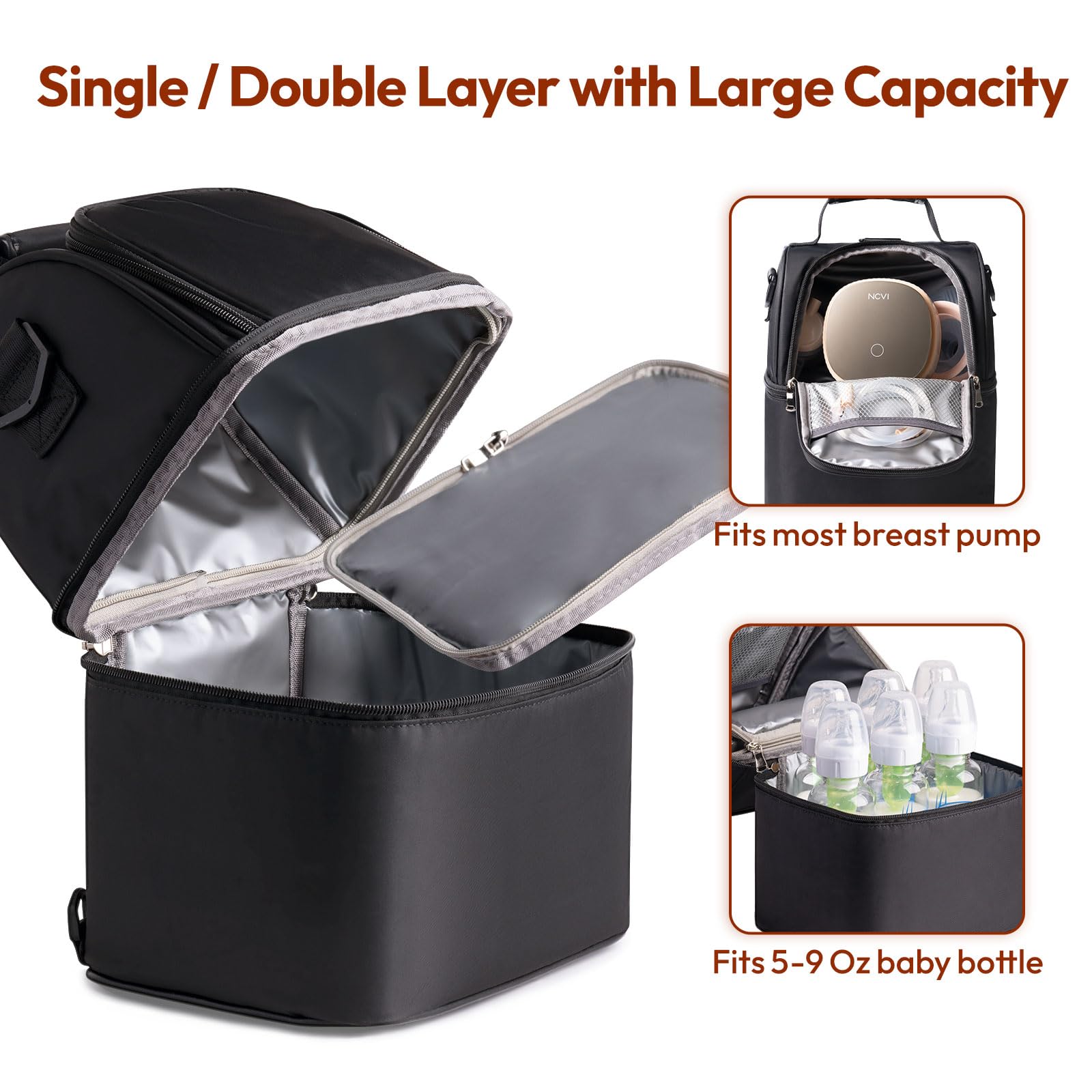 NCVI Breastmilk Cooler Bag with 2 Ice Pack, Keep Food Warm/Cold (Black)