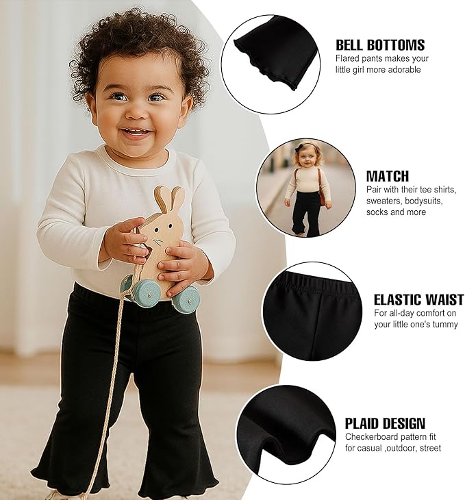 SOBOWO Checkered Baby Girl Flare Pants 3 Pack Toddler Bell Bottoms Plaid Ruffle Leggings Pants Fall Winter Outfits Size 6M-4T