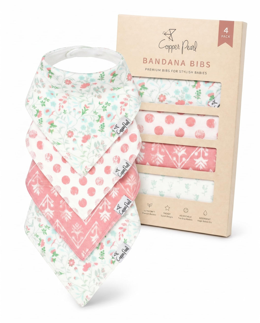 Copper Pearl Baby Bibs for Baby Boy or Girl – Bandana Drool Bibs for Teething, Absorbent Bibs for Eating, Newborn to Toddler, 4 Pack, Claire