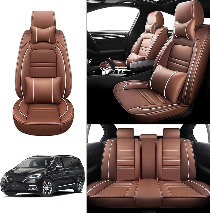 Car Seat Covers for Chrysler Car Pacifica 2004-2025 | 5-Seats Seat Covers, Waterproof Seat Protectors, Automotive Seat Covers (Full Set with Pillow,Coffee)
