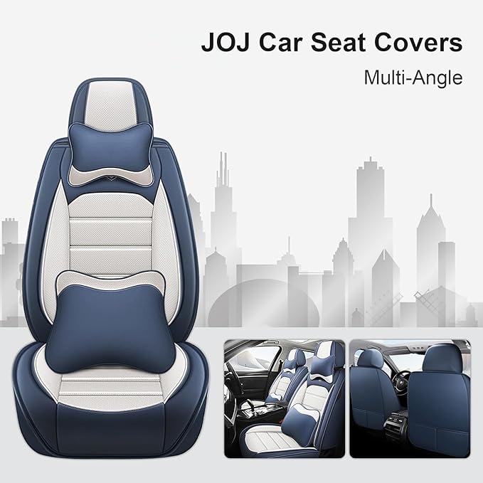 JOJ Car Seat Cover Fit for Toyota Highlander 2001-2025,7 Seat Car Seat Cover,No-Slip Waterproof Breathable Faux Leather Automotive Seat Covers Auto Interior Covers,Full Set with Pillow,Cream Blue