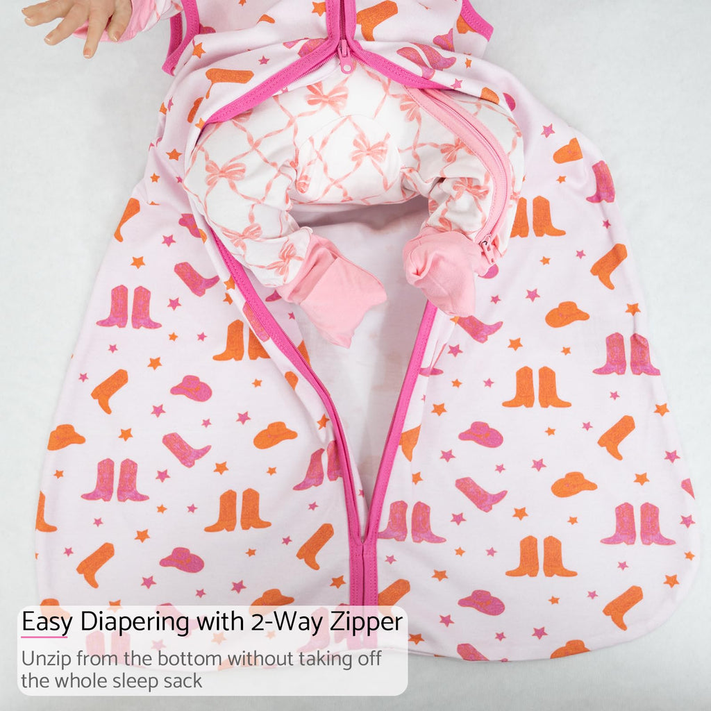 LollyBanks Baby Sleep Sack 0-6 Months for Girls, 100% Cotton Newborn Swaddle Sack with 2-Way Zipper, Soft and Airy Toddler Sleeping Bag, Newborn Essentials (Pink Boot Print)