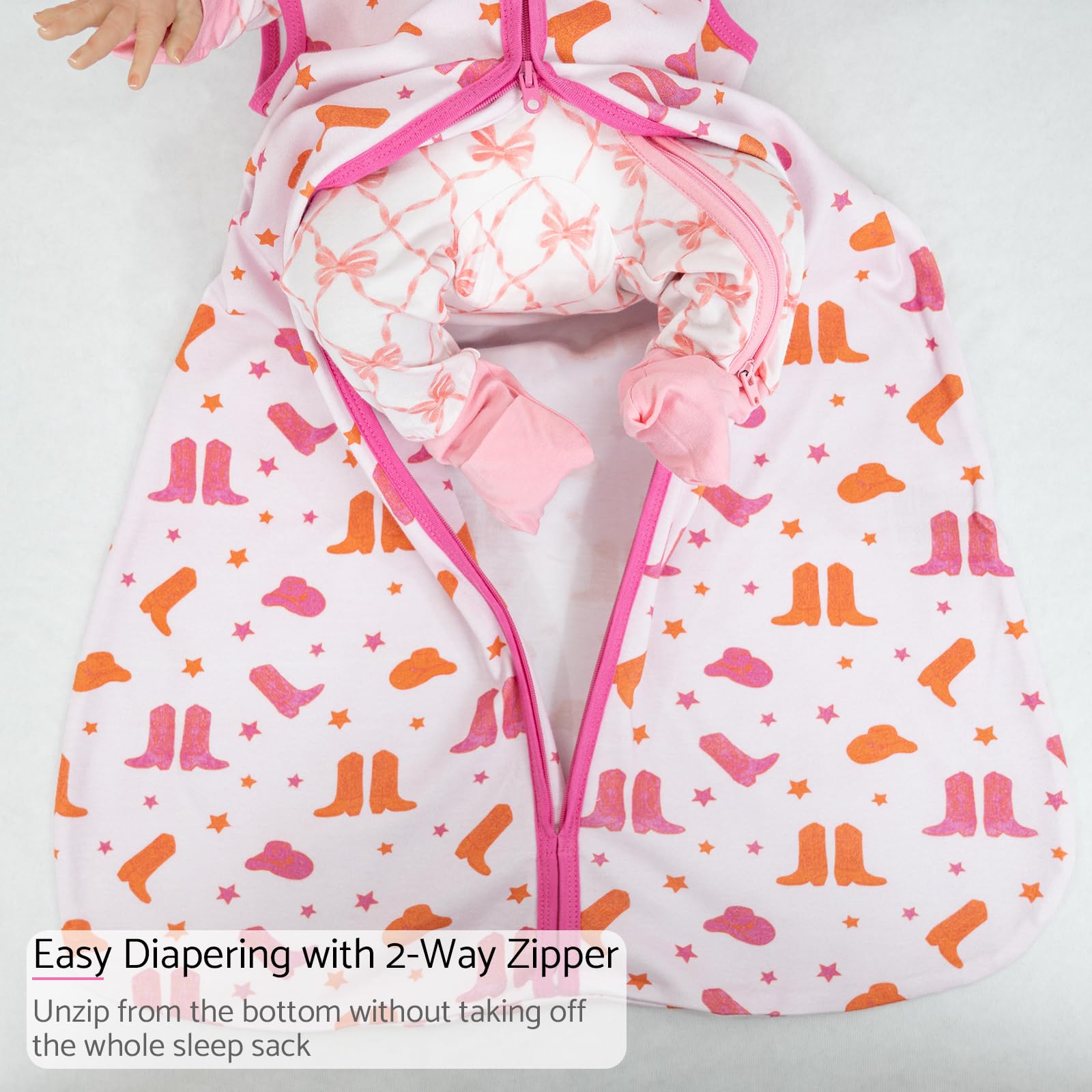 LollyBanks Baby Sleep Sack 0-6 Months for Girls, 100% Cotton Newborn Swaddle Sack with 2-Way Zipper, Soft and Airy Toddler Sleeping Bag, Newborn Essentials (Pink Boot Print)