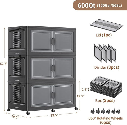 150Gal XL Stackable Storage Bins Foldable Box Cabinet for Home 3Pack Black