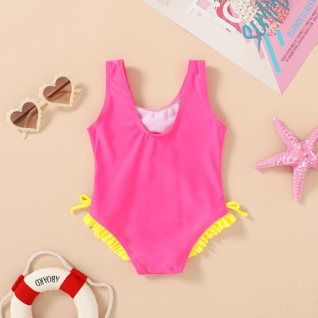 YOUNGER TREE Toddler Swimsuit Girl Cute Stripe One-Piece Ruffle Swimwear Baby Girl Bathing Suits with Bow(4-5T,Hot Pink and Yellow Bow)