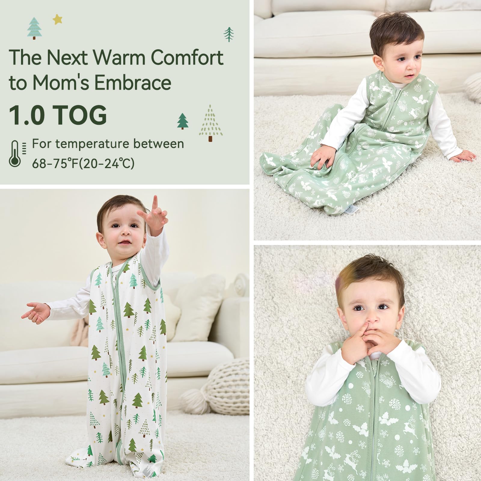 Unnivoll Baby Sleep Sack 0-6 Months 1.0 Tog Baby Wearable Blanket 100% Cotton Sleeping Sack with 2-Way Zipper for Infant Newborn Green Tree
