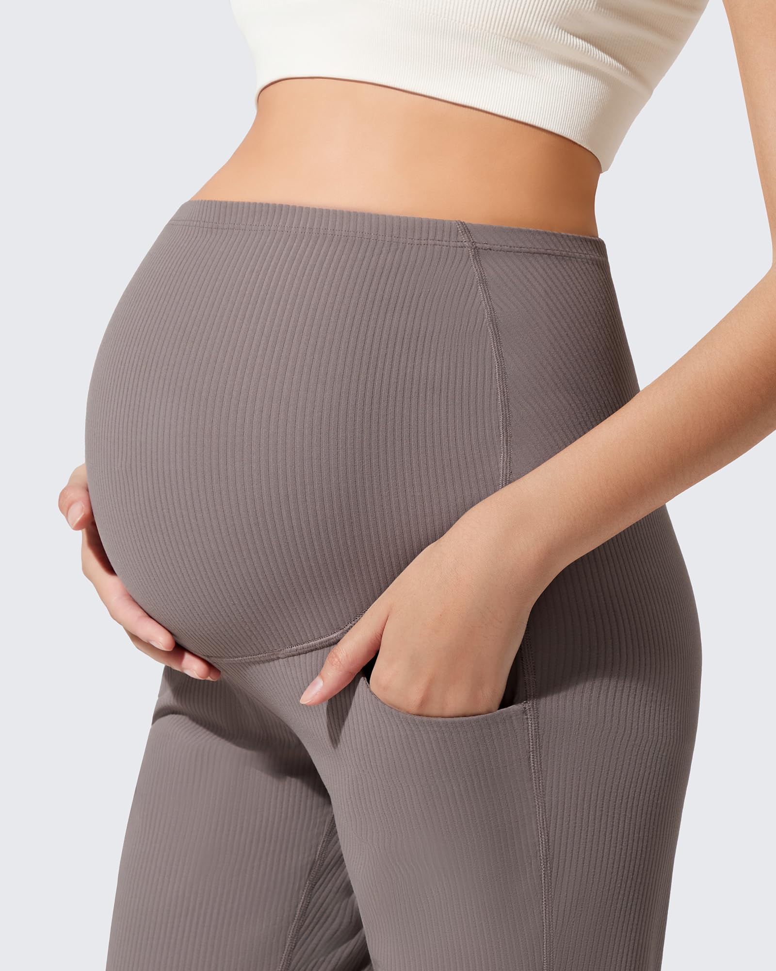 G4Free Maternity Workout Leggings Flare Yoga Pants Over Belly Bell Bottom Stretchy Trousers with Pockets(Taupe,XL,Regular)