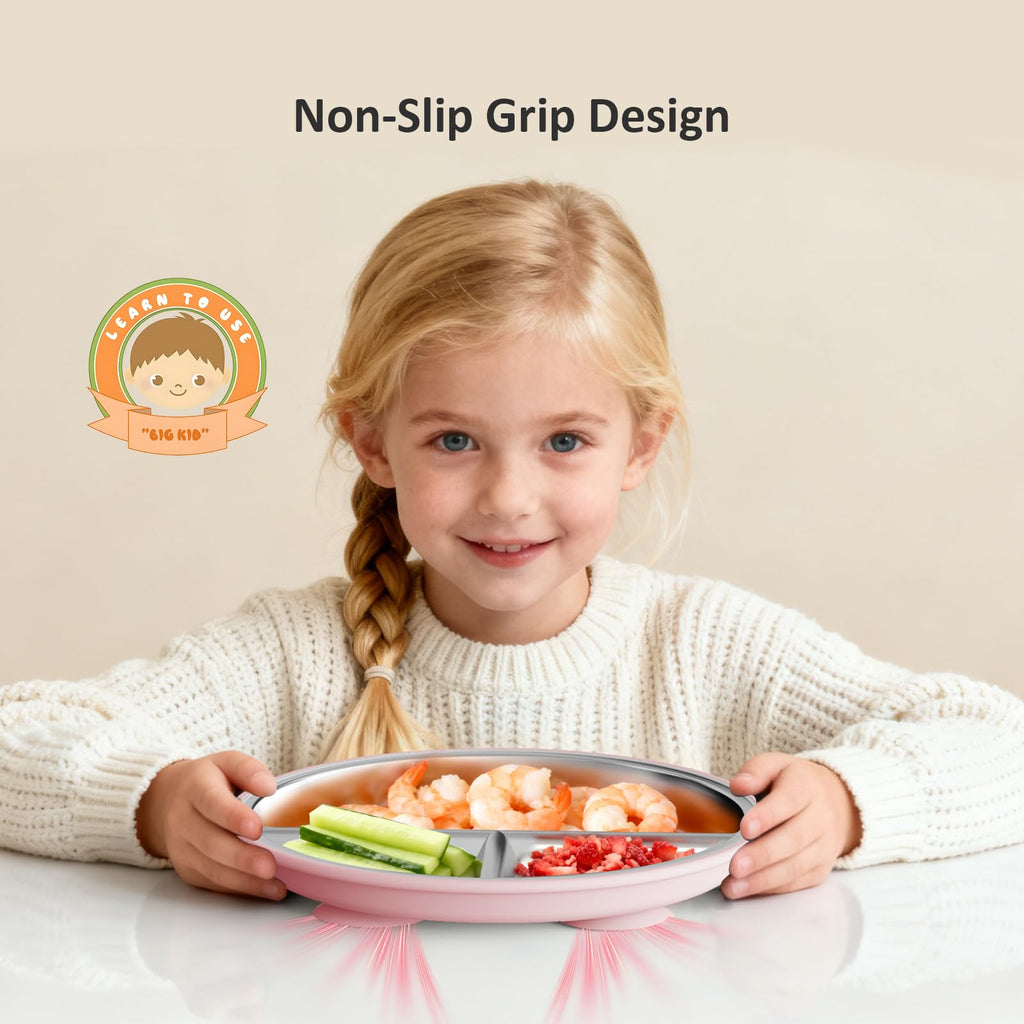 Bakpoco 9" Stainless Steel Divided Toddler Plates with Removable Suction