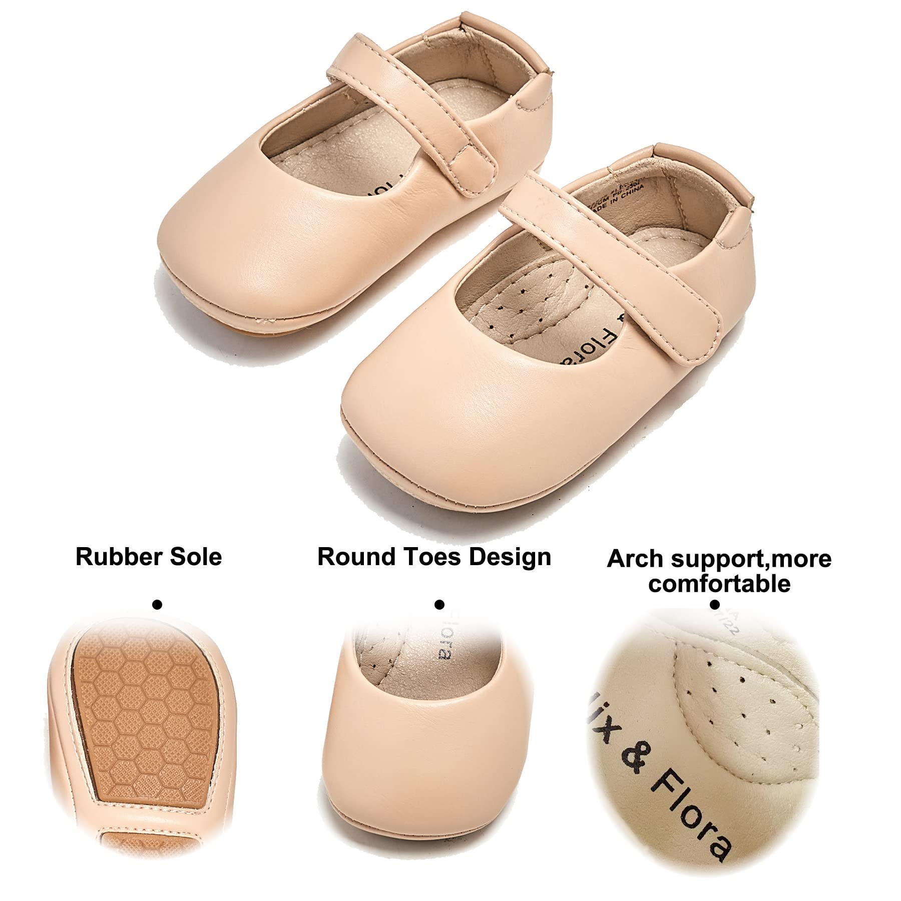 Felix & Flora Soft Sole Leather Baby Shoes - Infant Baby Walking Shoes Moccasinss Rubber Sole Crib Shoes(Nude,6-9 Months Infant)