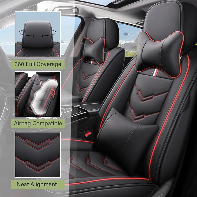 Leather Car Seat Covers Fit for LR Range Rover Sport 2023-2025, 5 Seater Waterproof and Wear-Resistant Seat Cover Interior Accessories(Full Set with Pillow,Black&Red)
