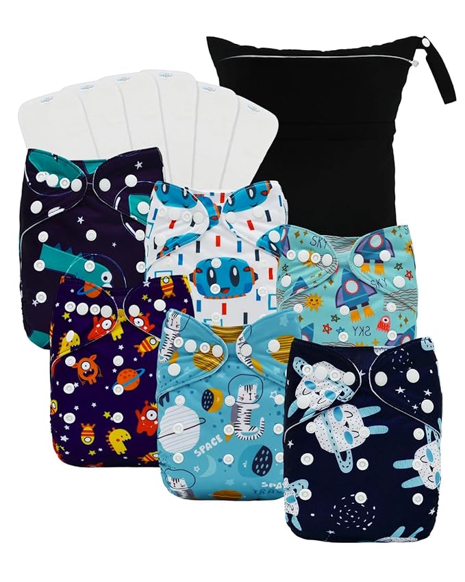 babygoal Boy Cloth Diapers Pack of 13, Baby Reusable Washable Pocket Nappy, 6pcs Diapers+6pcs Rayon from Bamboo Inserts+Wet Bag 6FB40-MB-B