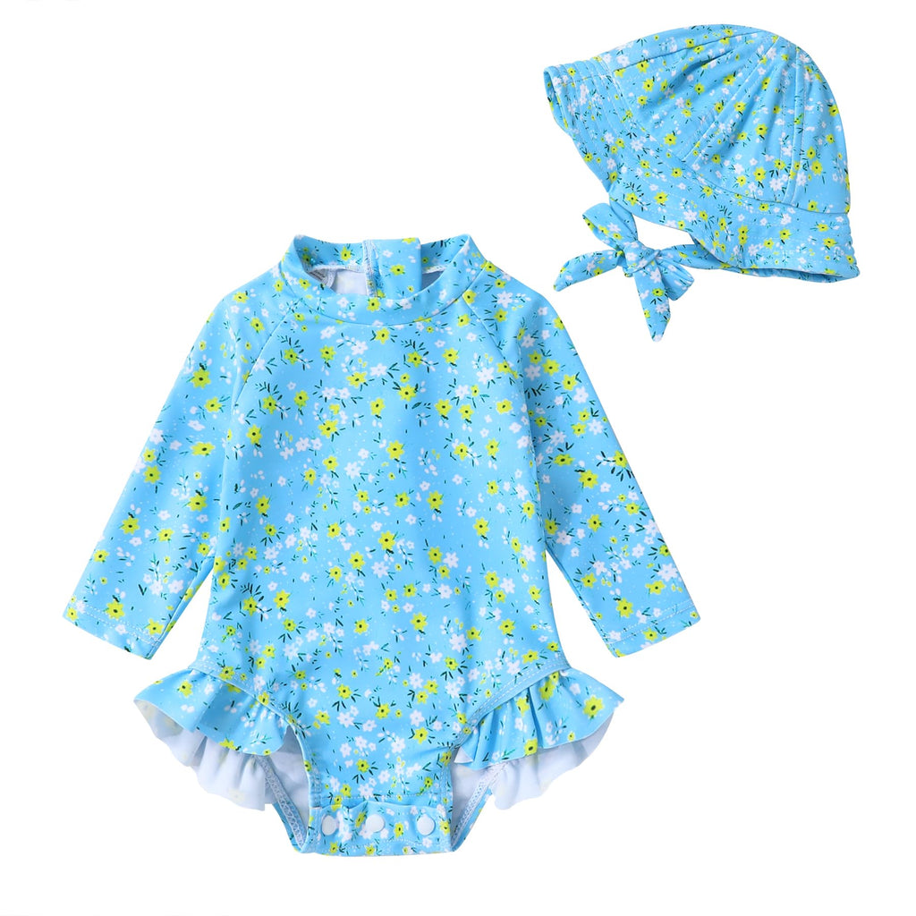 Infant Baby Girl Swimsuit One-Piece Long Sleeve Rash Guard with Hat Set Floral Zipper Bathing Suit Leopard Beach Wear