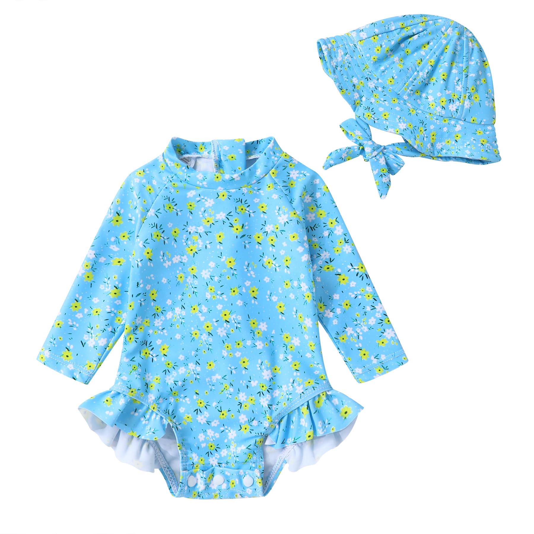 Infant Baby Girl Swimsuit One-Piece Long Sleeve Rash Guard with Hat Set Floral Zipper Bathing Suit Leopard Beach Wear